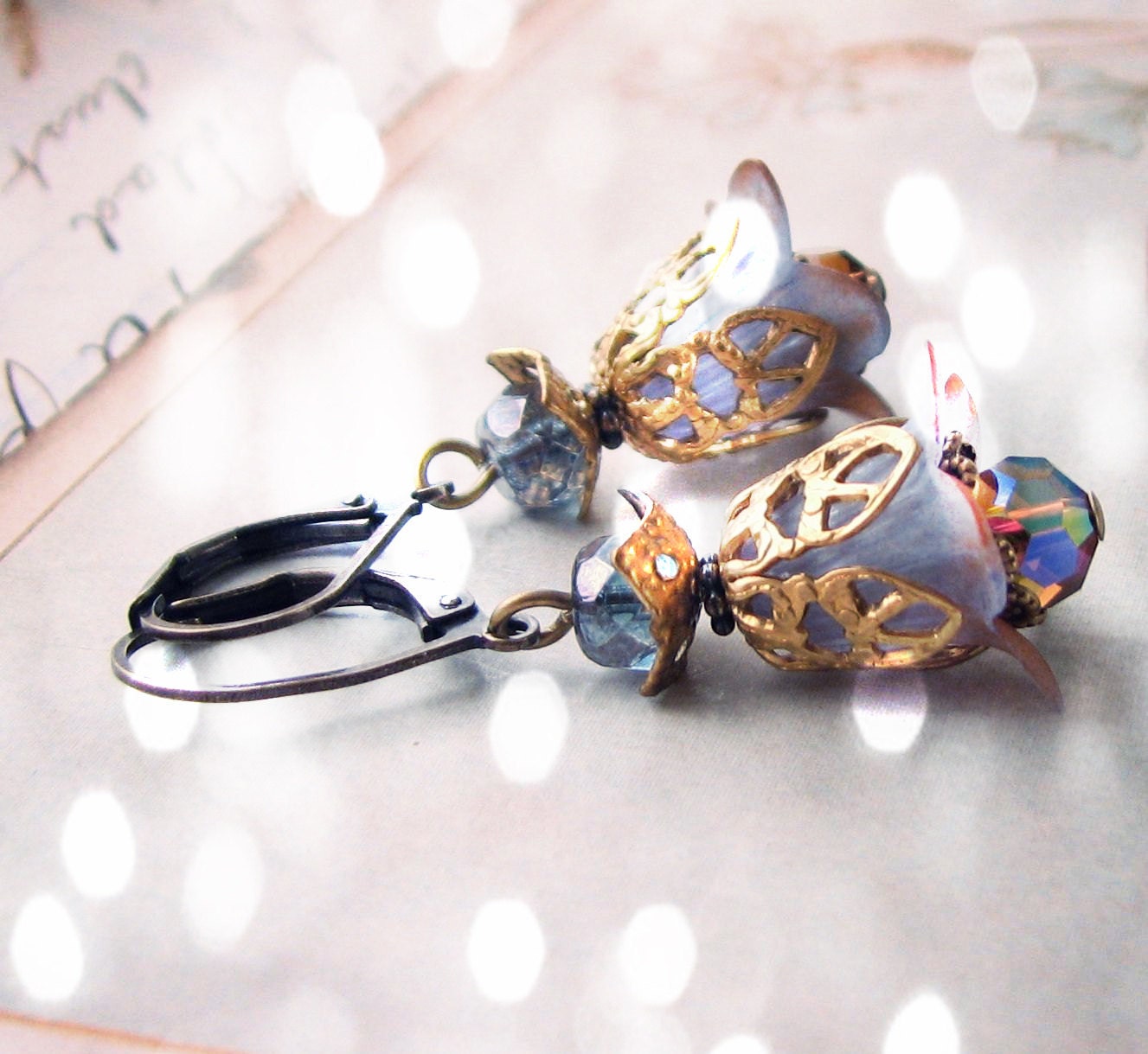 Brown Blue Shabby Flower earrings crystal filigree