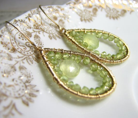 Peridot and Prehnite gold filled wire wrapped gemstone earrings