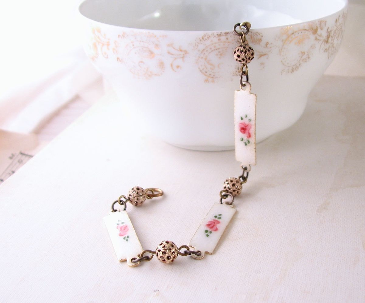Shabby bracelet with vintage enamel roses and filigree
