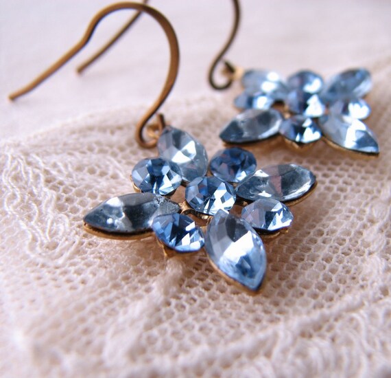 Powder Blue Sapphire star snowflake vintage rhinestone earrings pastel