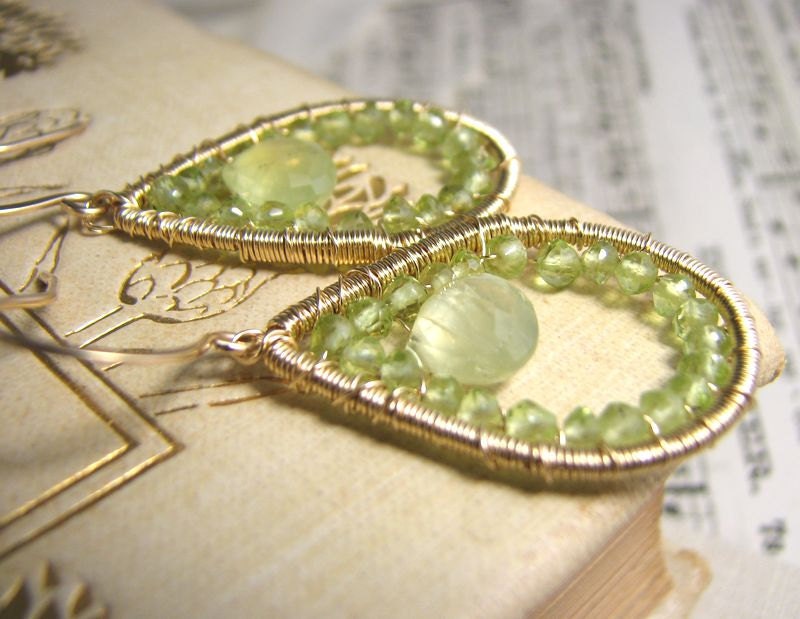 Peridot and Prehnite gold filled wire wrapped gemstone earrings