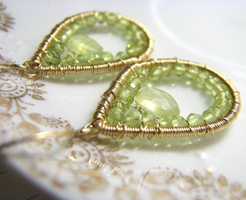 Peridot and Prehnite gold filled wire wrapped gemstone earrings