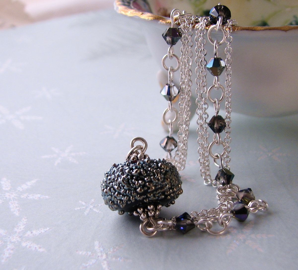 Black metallic lampwork bracelet sterling silver crystal