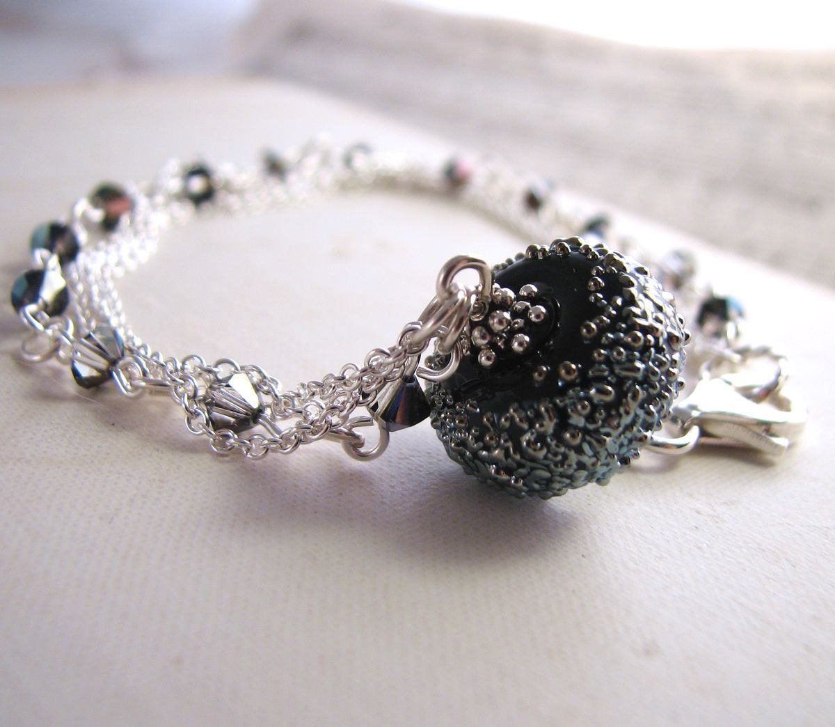 Black metallic lampwork bracelet sterling silver crystal