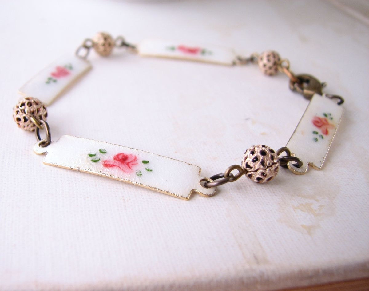 Shabby bracelet with vintage enamel roses and filigree