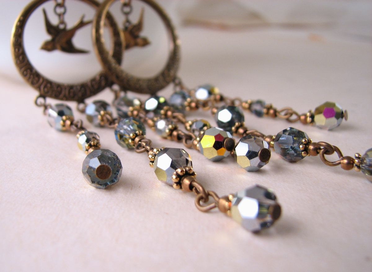 Gypsy Chandelier earrings with metallic crystals and birds