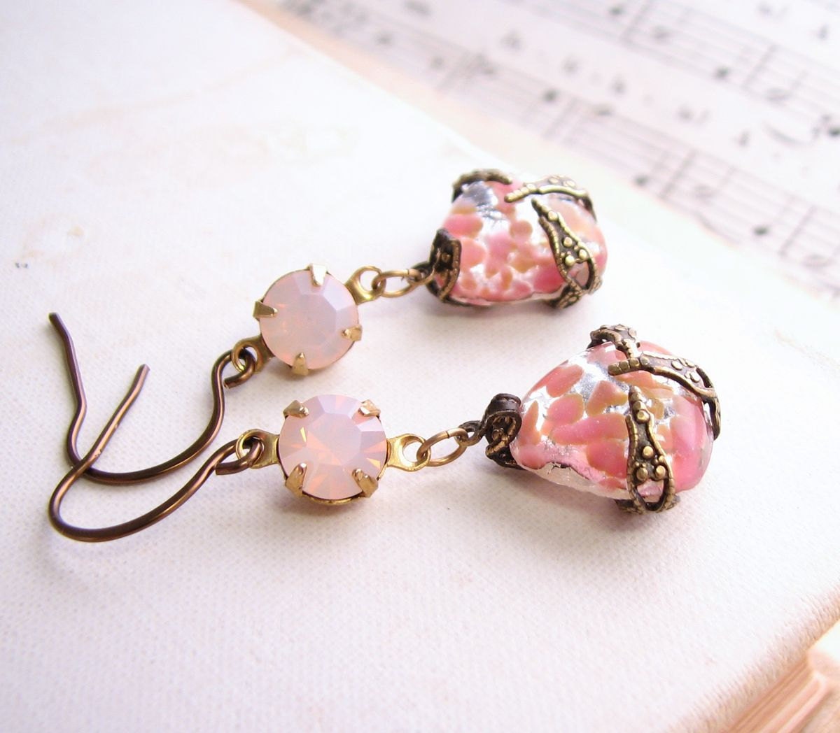 Peach pink pastel earrings with vintage art glass and filigree