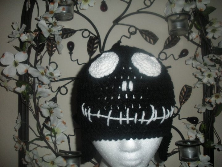 2 Sided 2 face Black skeleton, ghost, ghoul crochet beanie Halloween All sizes