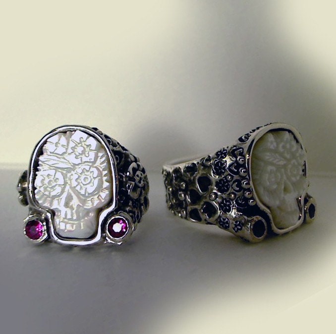 Day of the Dead Sugar Skulls Rings His and Hers Wedding Set R053