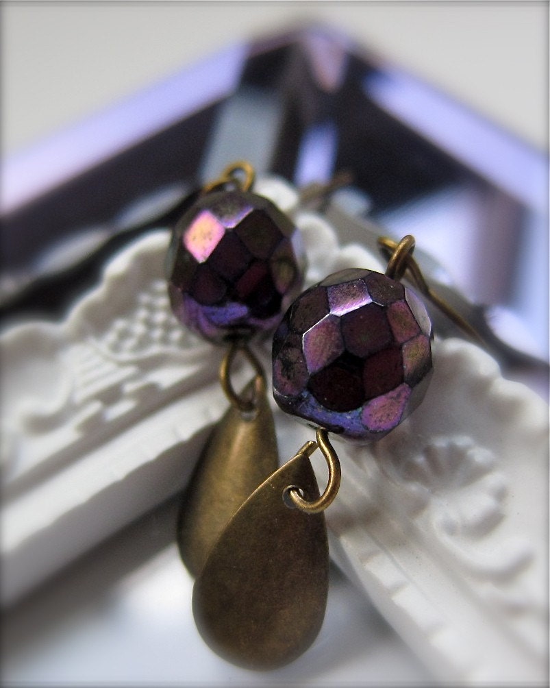Iris Earrings - vintage metallic magenta bronze faceted glass