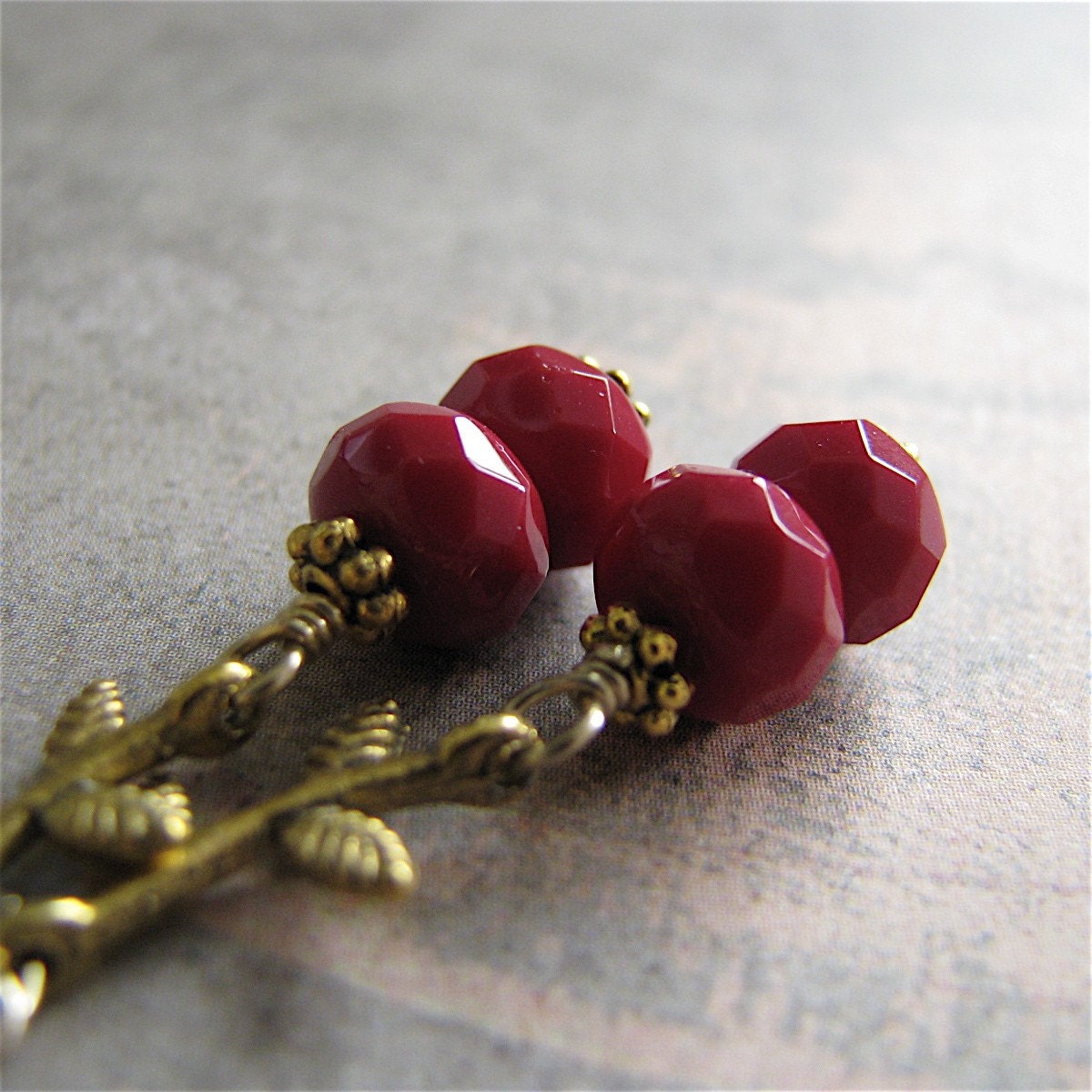 Foliage Berry Red Faceted Glass Earrings, antiqued golden leaves