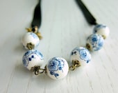 Cherry Blossom Porcelain / Ceramic Beaded Necklace - ribbon tie / wire wrapped (Brass)