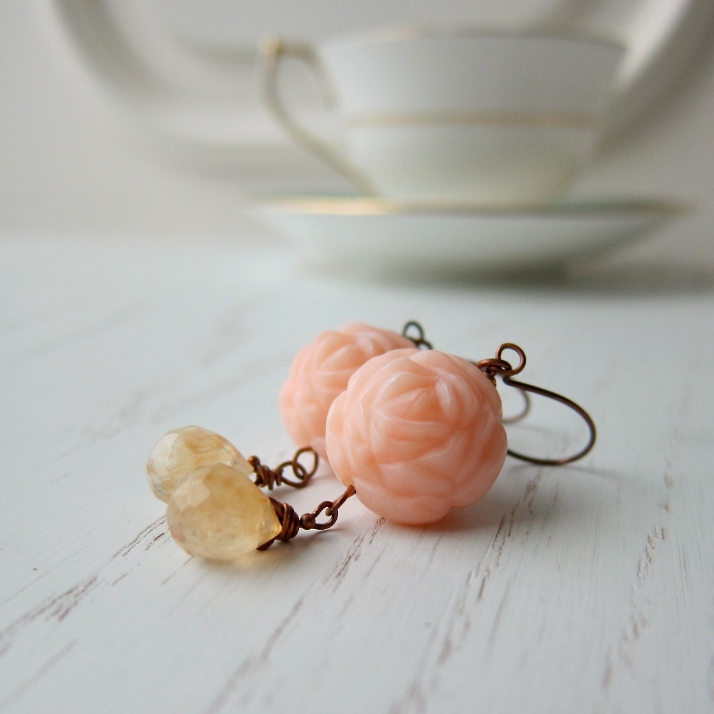 Carved Flowers with Golden Rutilated Quartz Gemstone Earrings in Pale Pink
