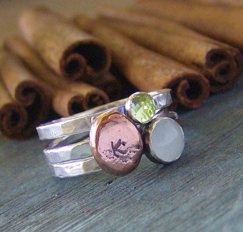 Birthstone fine silver and copper stacking ring set hand stamped initial gem stone stacking rings