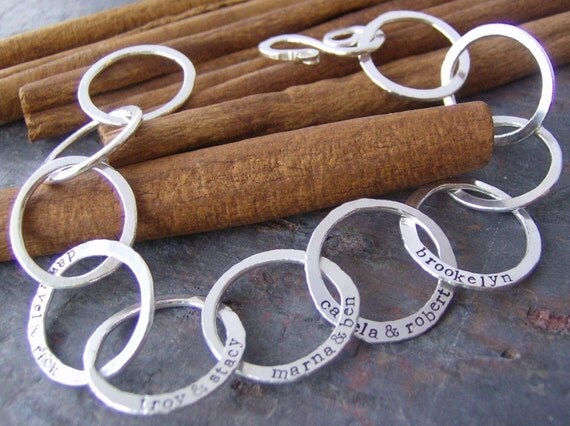 Family links....hand stamped and forged fine silver family bracelet.