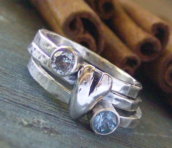 Heart and stone hand stamped silver and faceted gem stone stacking rings