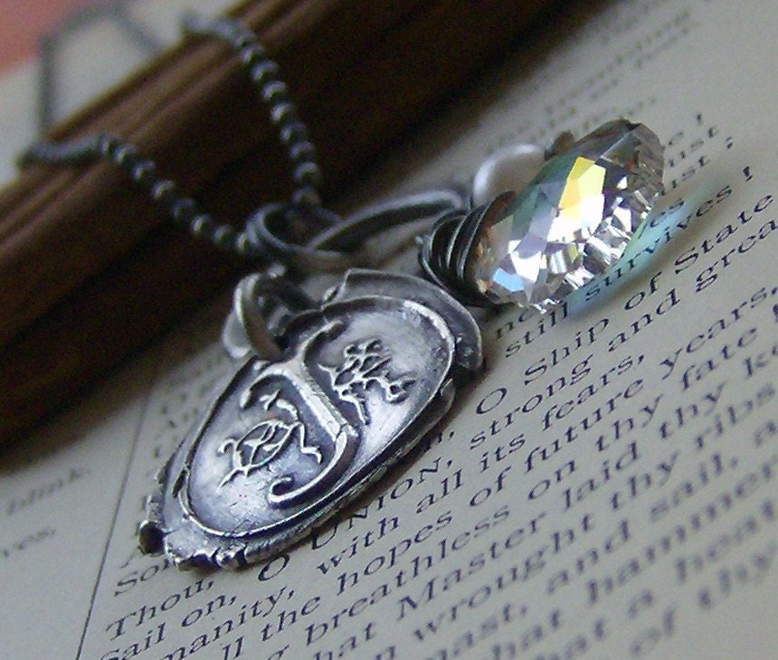 Fancy vintage letters... hand stamped fine and sterilng silver crystal necklace