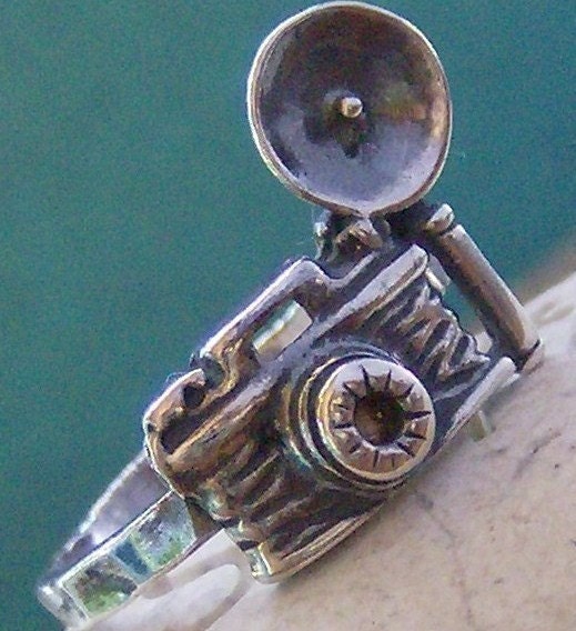 Hand stamped Capture Life sterling silver photography ring, custom size vintage style camera