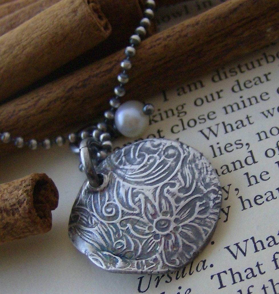 Vintage letters with pearl... hand stamped fine silver wax seal initial necklace