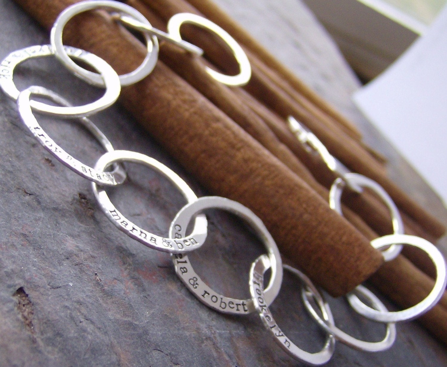 Family links....hand stamped and forged fine silver family bracelet.