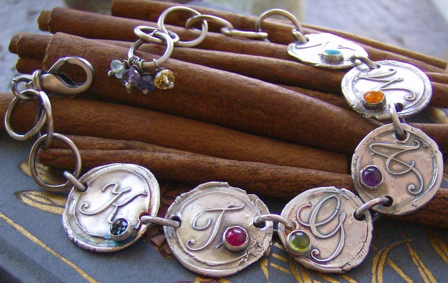 Vintage letters with gem stones...6 letter hand stamped fine silver wax seal style bracelet set with gem stones