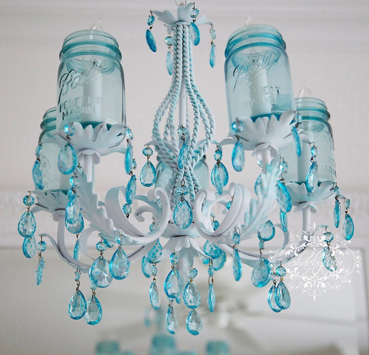 Vintage Mason Jar Chandelier...Aqua Crystals....Made To ORDER...Plethora of Treasuries..LAYAWAY Available
