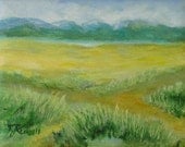 Rural Landscape Colorful Small Painting 4 x 5 Art Canvas Mountains Fields Water by K. Joann Russell