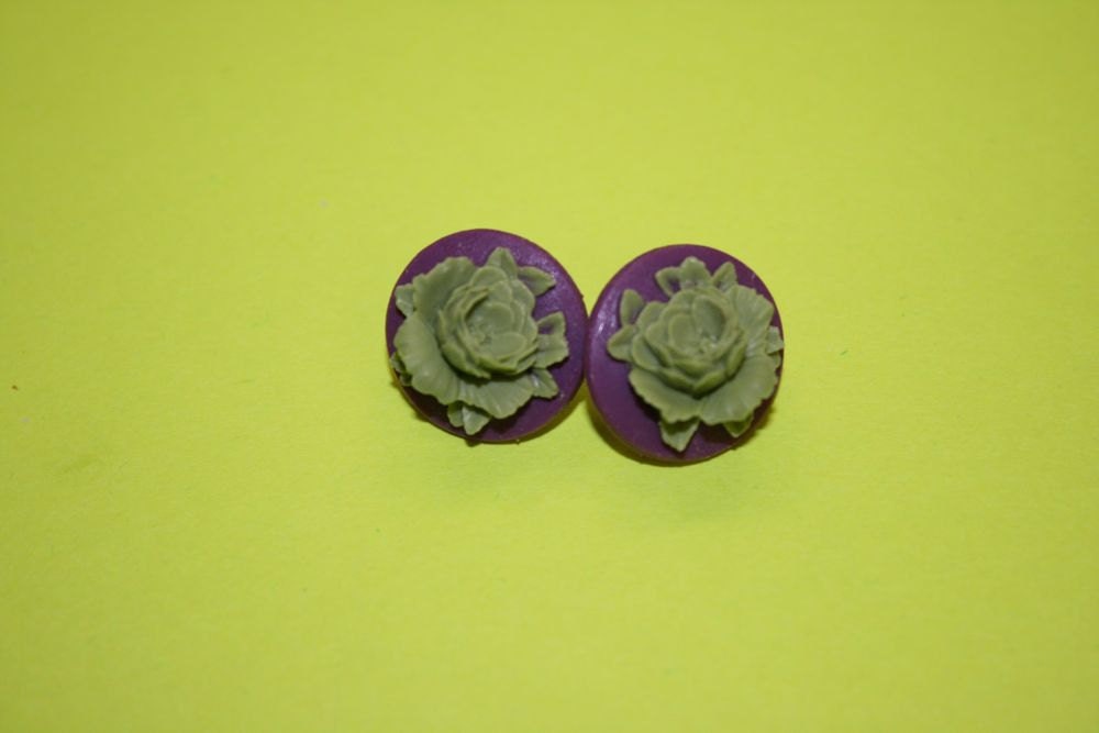 Small Green and Plum Flower Cabochon Earrings