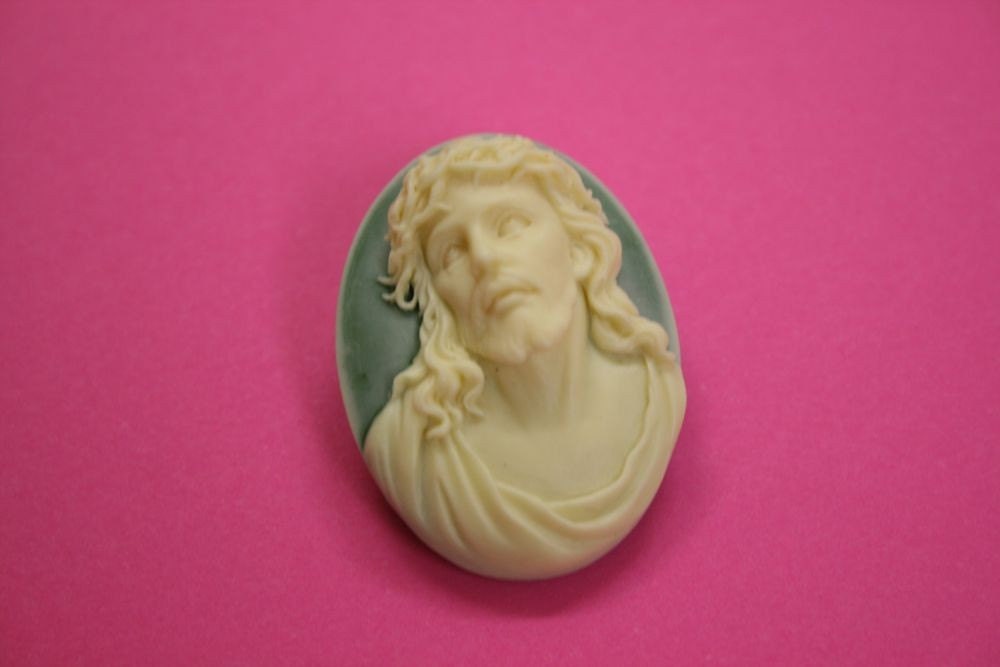Large Teal Jesus Cameo Brooch
