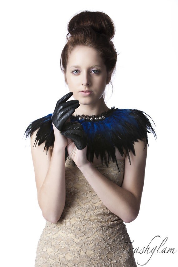 LUXE black and blue coque feathered shoulder collar wrap ROYAL MASQUERADE