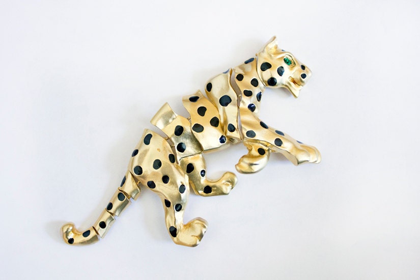 Vintage Gold Tone Large Leopard Jungle Cat Brooch Pin - Moveable