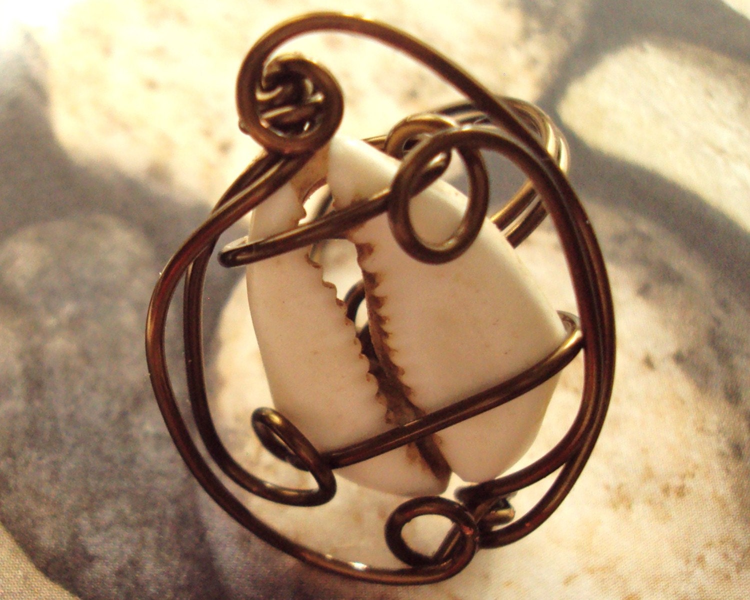 Wire Wrapped Cowrie Shell Ring Size 6 in Antiqued Copper Wire