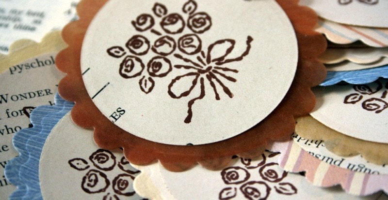 Shabby Chic Flower Bouquet Vintage Book Paper Tags Brown Ink Posies Roses Wedding Bridal