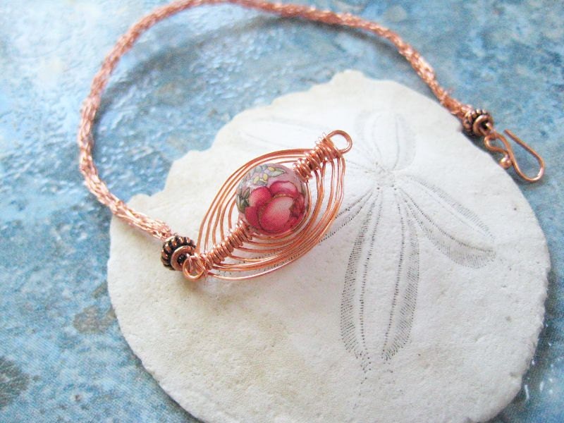 Copper viking knit wire work bracelet with Japanese Tensha focal bead
