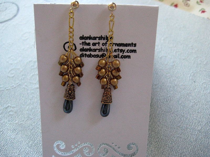 Long gold filled  earring dangler in gold and black under 25 usd