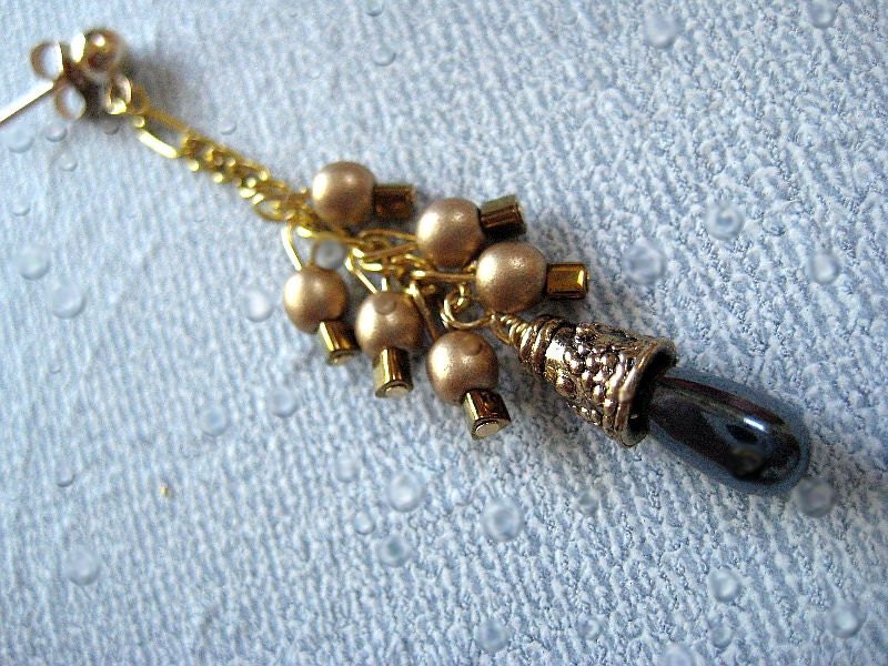 Long gold filled  earring dangler in gold and black under 25 usd
