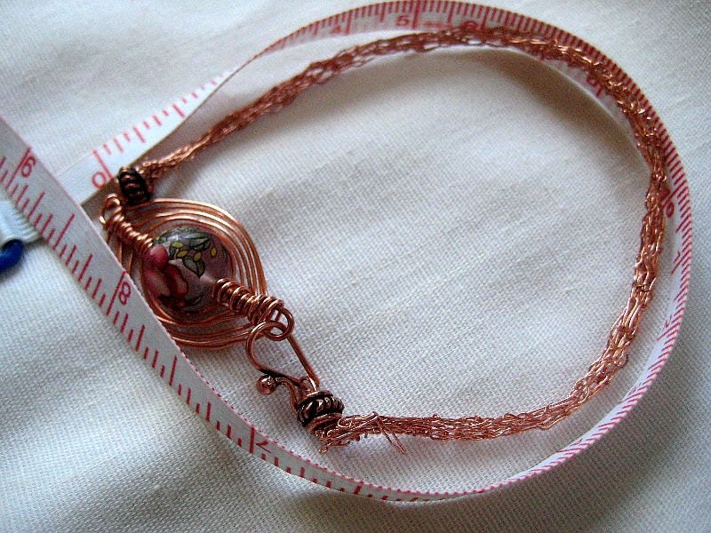 Copper viking knit wire work bracelet with Japanese Tensha focal bead
