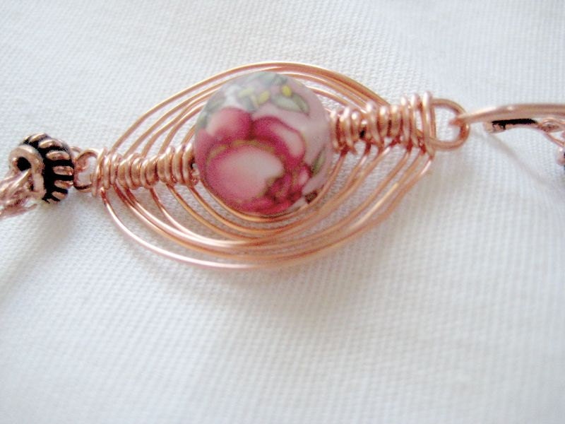 Copper viking knit wire work bracelet with Japanese Tensha focal bead