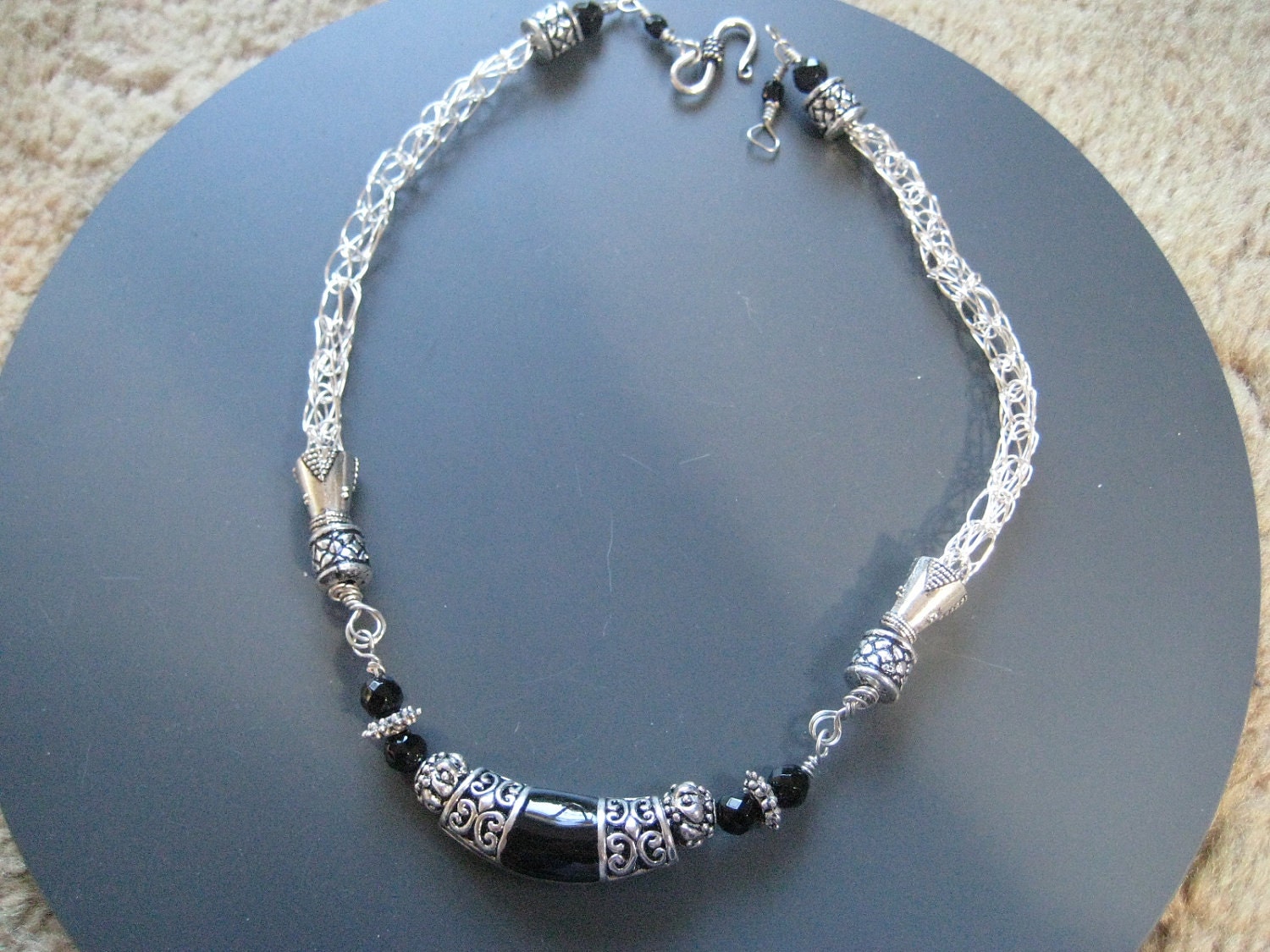 Knitted with wire jewelry -Wire wrapped viking knit necklace in silver and black onyx