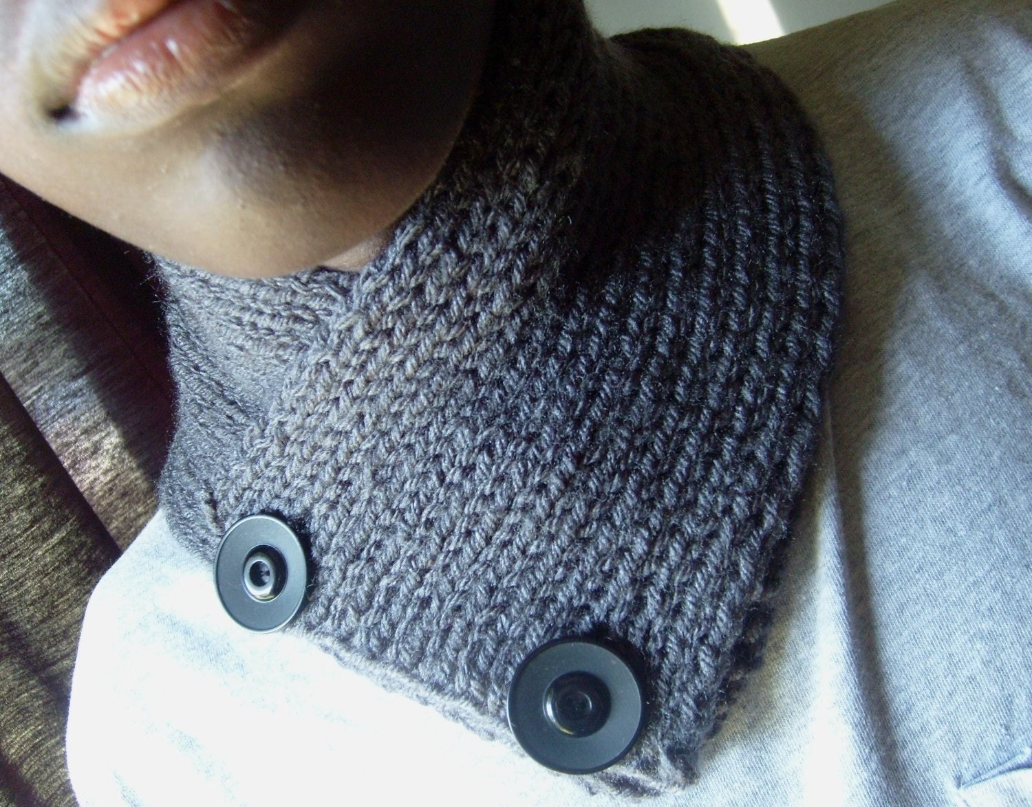 Grey EXPRESSIONS / Neckwarmer-Cowl For Men/UNISEX  - Featuring WEATHERED Vintage Buttons