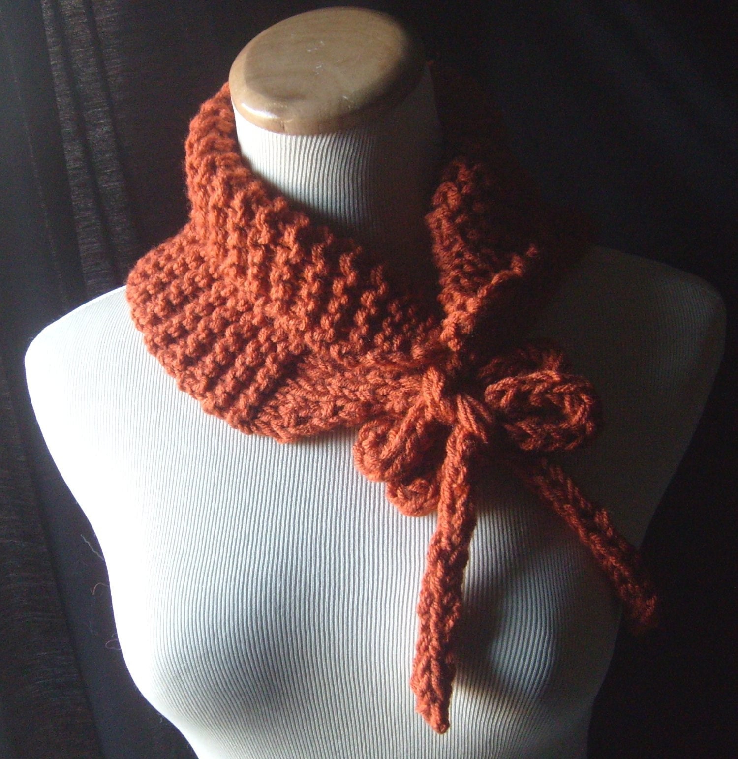 THE ORANGEY II- Knit Cowl/Neckwarmer With Crocheted Brooch- Soft and Snuggly In Burnt PUMPKIN ORANGE