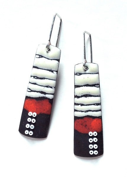 Long Sgraffito Enameled Earrings in Dark Red