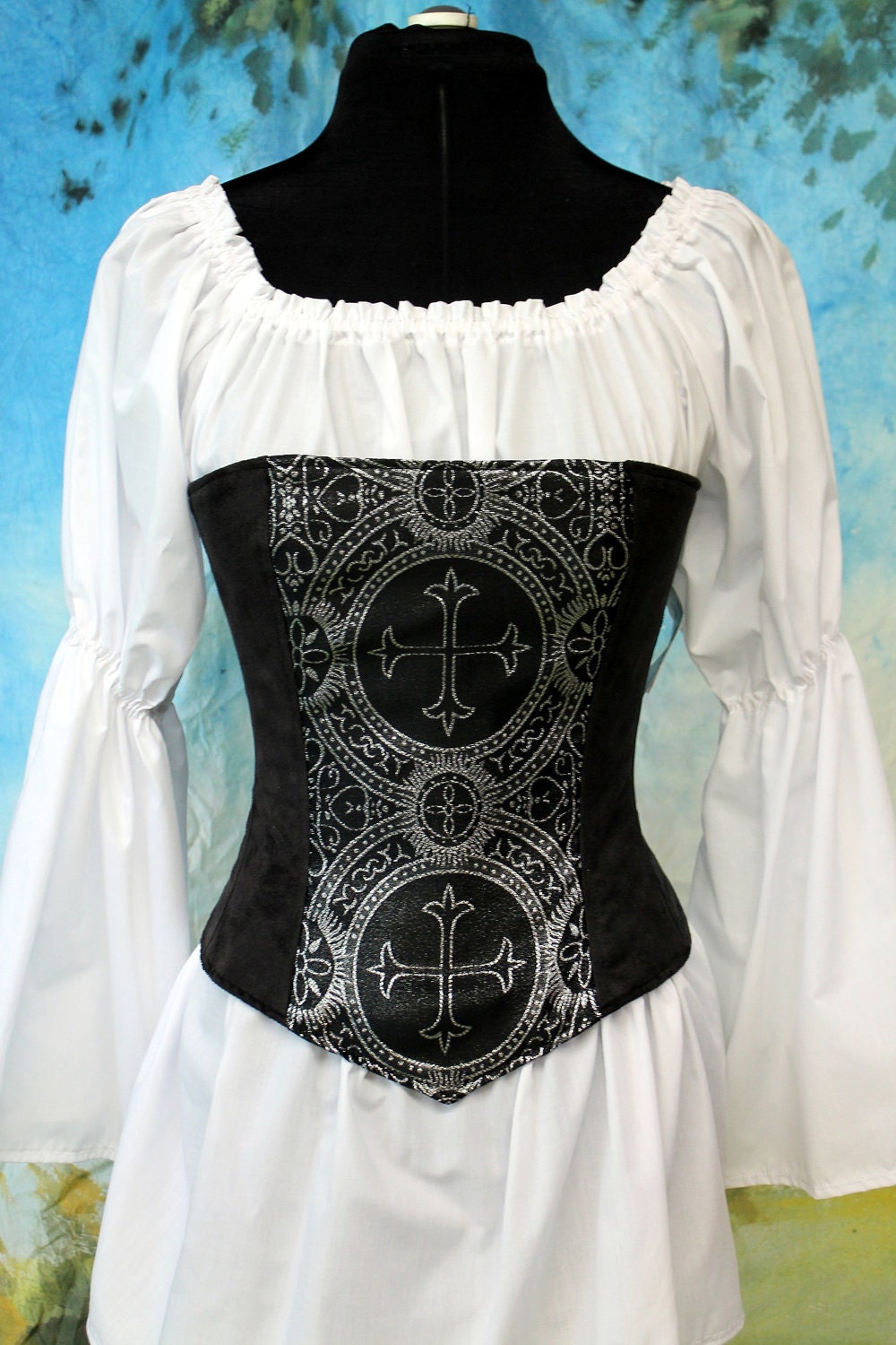 Black & Silver Renaissance Celtic Cross Corset,  Pirate, Gypsy, Steampunk, 1 size left, 33, Ready to Ship