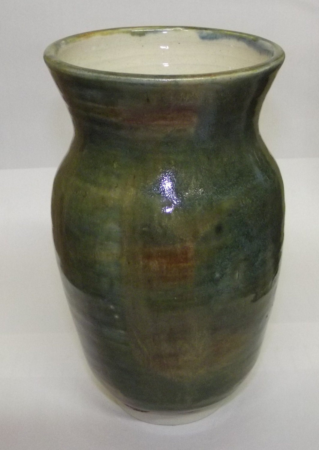 Tall vase, green and orange glazed, perfect for flowers or as a utensil holder