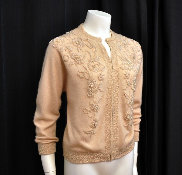 50s sweater / Creme Delight Vintage 1950's Hand Beaded Cardigan Sweater Lambswool Angora