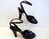 1940s shoes / Vintage 40's Espresso Brown Cobra Peeptoe Ankle Strap High Heel Shoes