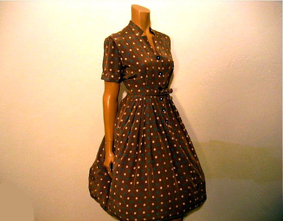 1950s dress / Vintage 50's Lucy Polka Dot Dress Full Pleated Waist Skirt