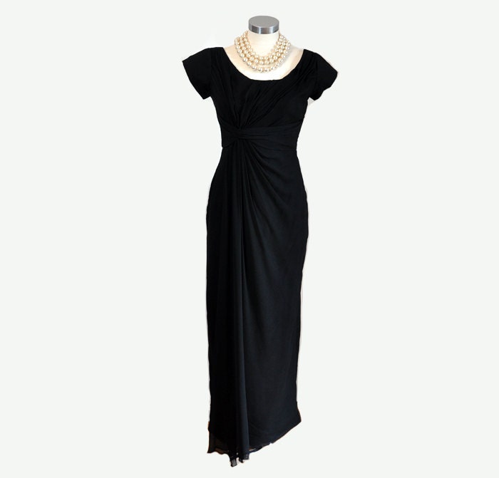 50s dress / Emma Domb Vintage 1950s Goddess Draped Black Silk Chiffon Cocktail Party Dress