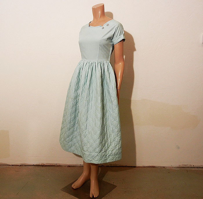 1940s dress / Vintage 40's Teena Paige Quilted Tea Length Square Collar Dress