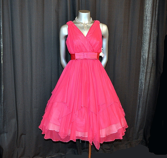 1960's Dress / Vintage 60's Big Bow Bias Cut Chiffon Full Skirt Party Dress Never Worn